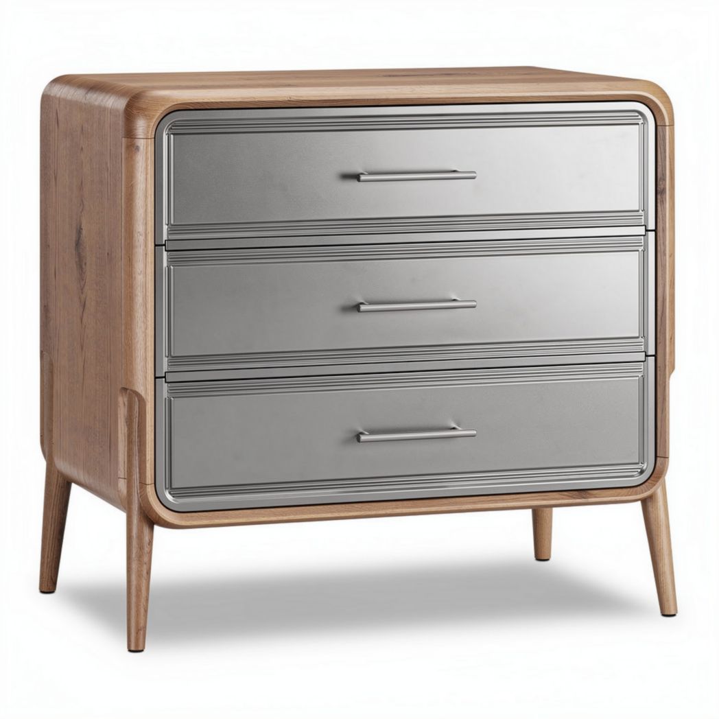 Houten nachtkast met drie lades en metalen fronten 80 x 40 x 70cm