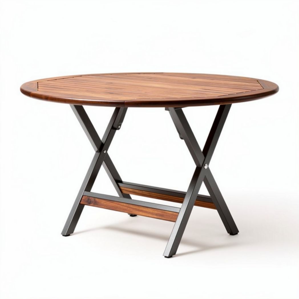 Ronde houten tafel met zwart stalen frame voor buitengebruik 75 x 75 x 75cm